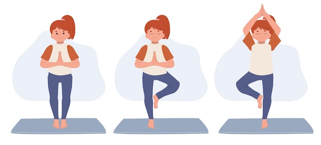 Bambina che pratica yoga in piedi nell'esercizio Vrksasana con namaste Tree pongono bambini che lavorano e uno stile di vita sano sport illustrazione vettoriale