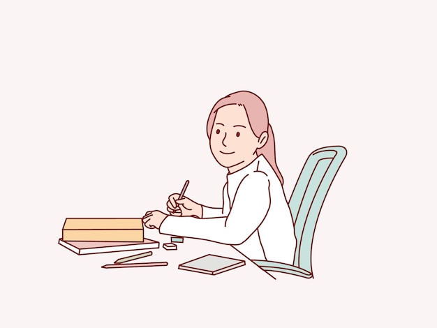 Bambina che studia i compiti sulla scrivania a casa semplice illustrazione in stile coreano