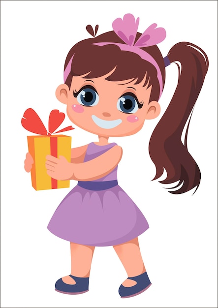 Bambina che tiene un regalo. Illustrazione del fumetto. Un bambino in abiti da festa divertente
