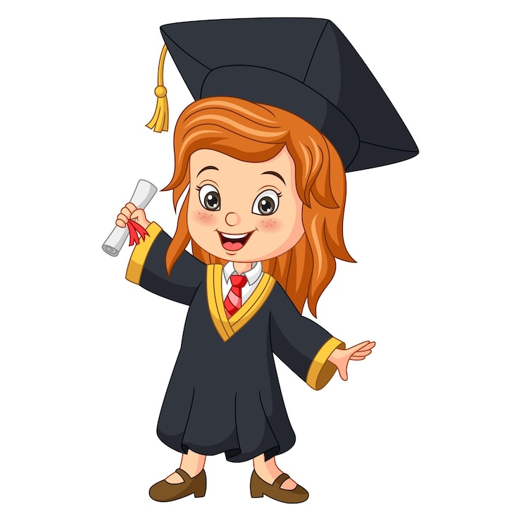 Vettore bambina del fumetto in costume di laurea che tiene un diploma
