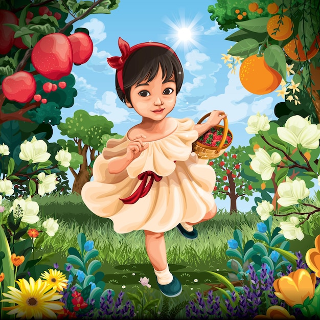 Bambina nel giardino di frutta