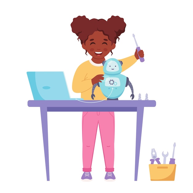Bambina nera che costruisce un robot Programmazione e ingegneria robotica per bambini