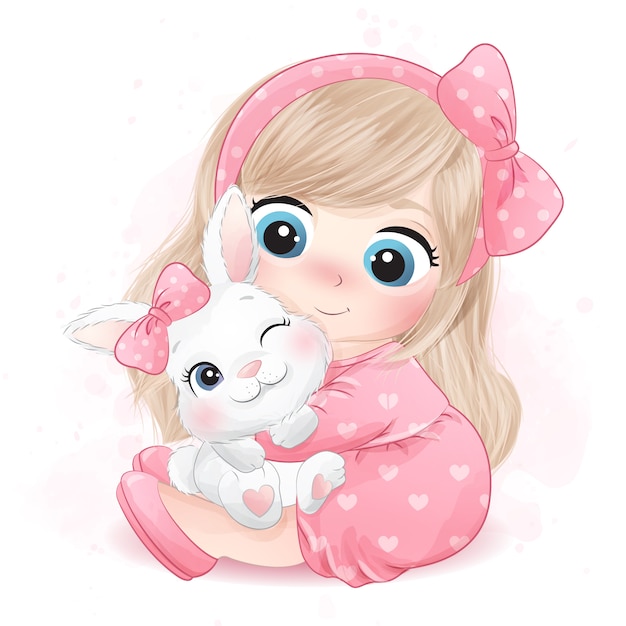 Bambina sveglia che abbraccia un'illustrazione del coniglietto