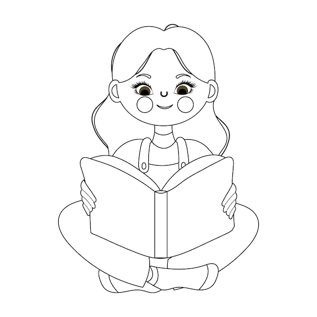 Bambina sveglia con un libro, disegno di contorno. Schizzo, vettore