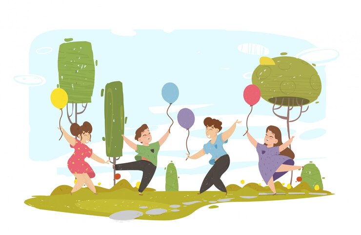 Bambini allegri felici che camminano nel parco della città.