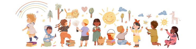 Vettore bambini carini che disegnano sul muro con illustrazioni vettoriali a pastelli