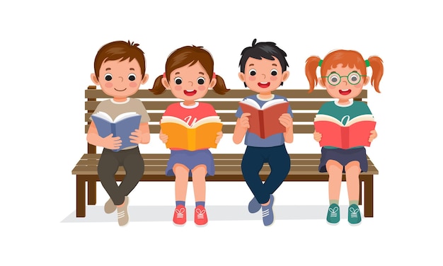 bambini carini che leggono libri insieme seduti su una panchina