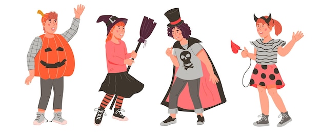 Bambini carini in costumi di Halloween illustrazione vettoriale piatta isolata