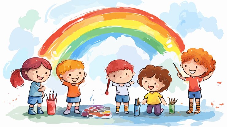 Vettore bambini che dipingono l'arcobaleno su uno sfondo bianco