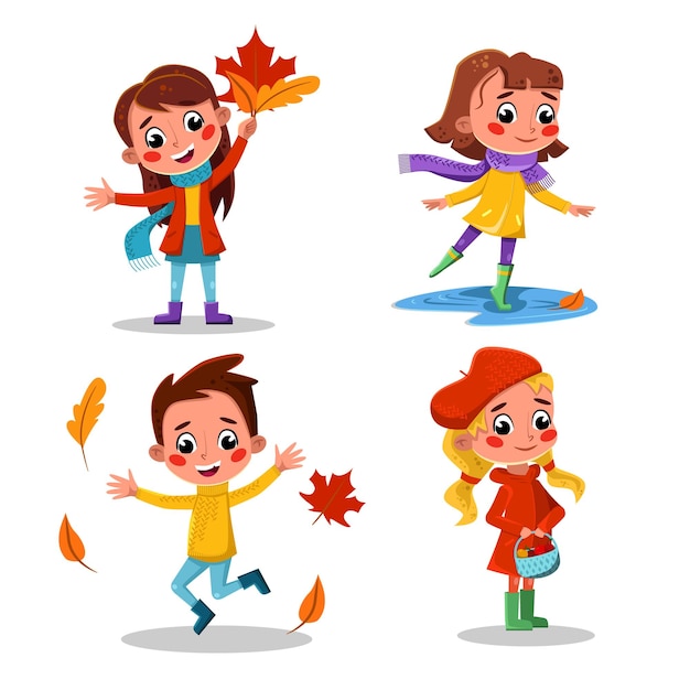 Bambini che giocano con le foglie d'autunno Set Ragazze e ragazzi che camminano all'aperto indossando stivali di gomma e vestiti caldi Illustrazione vettoriale in stile cartone animato