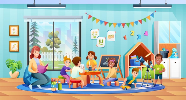 Bambini che giocano insieme nell'illustrazione di vettore dell'aula dell'asilo