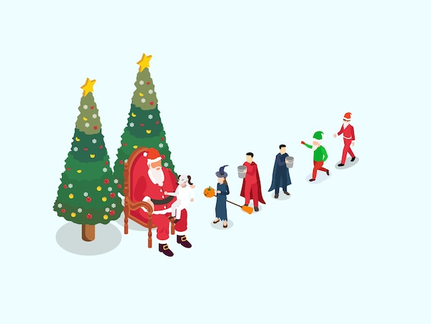 bambini che indossano costumi in fila nel centro commerciale in attesa di fare foto con Babbo Natale
