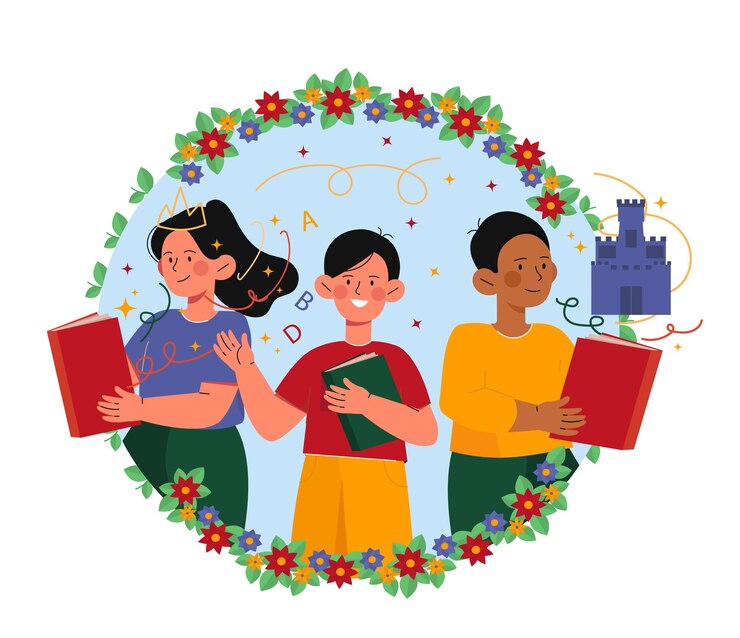 Vettore bambini che leggono libri concettuali ragazzi e ragazze con libri di testo o finzioni bambini con amore per