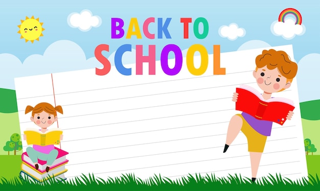 bambini che leggono libri, ritorno a scuola, concetto di istruzione, modello per brochure pubblicitaria, il tuo testo