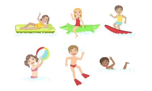 Bambini che nuotano e galleggiano su giocattoli gonfiabili in piscina Bambini che si divertono nell'acqua Illustrazione vettoriale