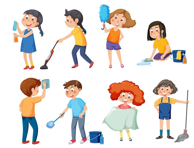 Bambini che puliscono la collezione di personaggi dei cartoni animati