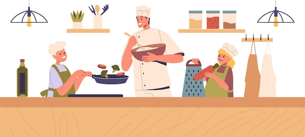 Bambini che si godono una lezione di cucina con uno chef che sorridono e si divertono mentre imparano a cucinare