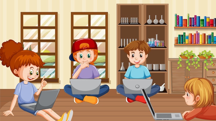 Vettore bambini che utilizzano dispositivi tecnologici a casa
