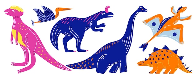 Bambini colorati disegnati a mano di vettore con simpatici dinosauri