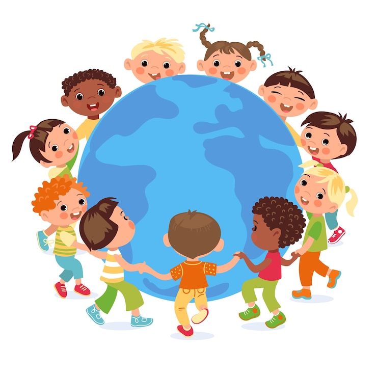 Bambini con il pianeta Terra e bambini intorno Ecologia e concetto di mondo di salvataggio Ragazzi o ragazze felici che si tengono per mano in tondo Amicizia multirazziale Insieme Cooperazione delle persone Poster vettoriale