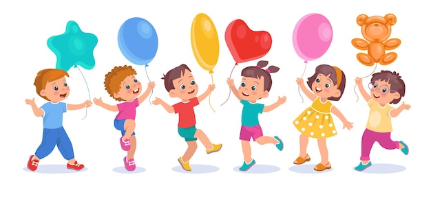 Bambini con palloncini Bambini carini che tengono palloncini d'aria di diverse forme Ragazze e ragazzi felici con giocattoli gonfiati di elio Festa di compleanno Piccole persone divertenti felicità Splendido set vettoriale