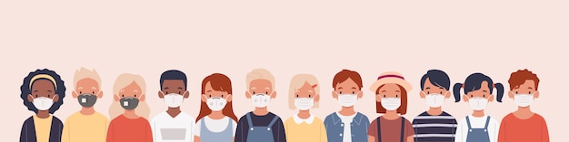 Bambini con set di illustrazioni piatte maschera di protezione. Gruppo di bambini che indossano maschere mediche per prevenire malattie, influenza, inquinamento atmosferico, aria contaminata, inquinamento mondiale