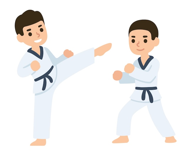 Bambini del fumetto che addestrano arti marziali in uniforme del kimono. Illustrazione del personaggio di karate o taekwondo.