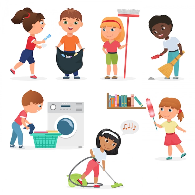 Bambini del fumetto che puliscono a casa insieme. Bambini in varie posizioni di pulizia.
