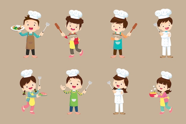 Bambini dello chef Piccoli lavoratori di cucina sorridenti di ragazzo e ragazza e carattere di cottura