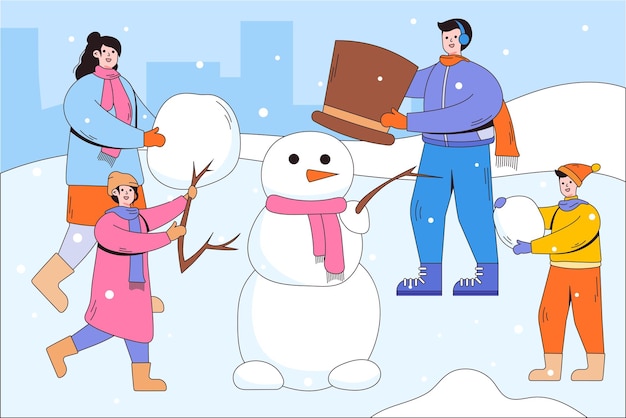 Bambini e genitori allegri indossano abiti caldi e casual facendo insieme un pupazzo di neve Attività invernali stagionali Personaggi cartoni animati con contorno Illustrazioni vettoriali