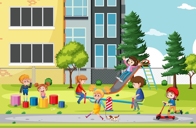 Bambini felici che giocano al parco giochi