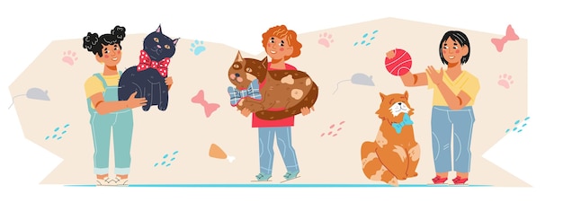 Bambini felici che giocano con gli animali domestici al vettore piatto dello sfondo decorativo isolato