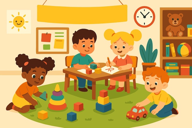 Bambini felici che giocano e imparano insieme in una classe colorata