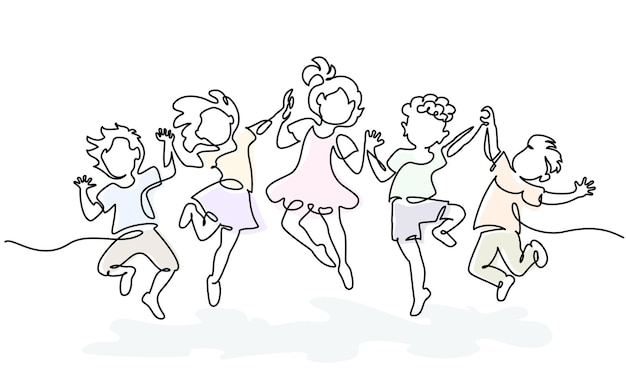 Bambini felici che saltano tenendosi per mano disegnando una linea continua di illustrazione vettoriale su bianco