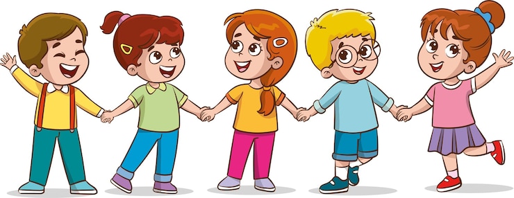 Vettore bambini felici che si tengono per mano vettori di cartoni animati scolastici