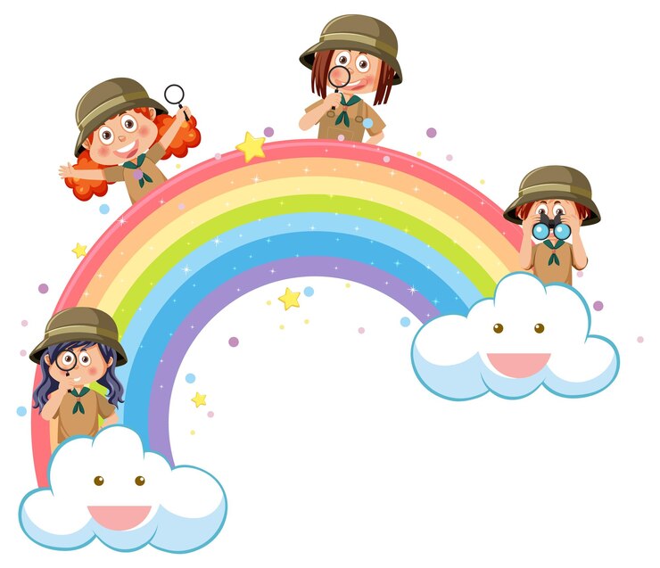 Vettore bambini felici con arcobaleno