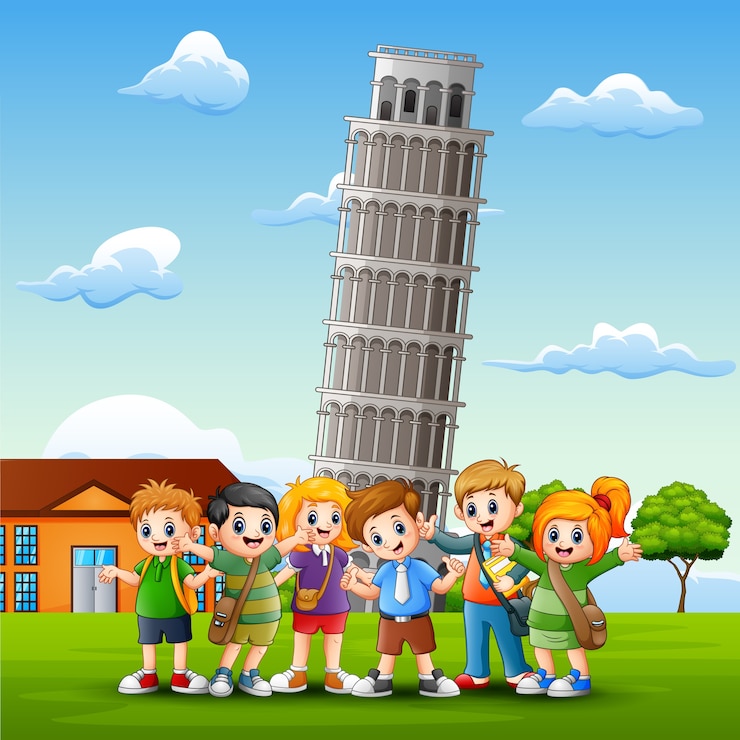 Vettore bambini felici del fumetto davanti al fondo della torre di pisa