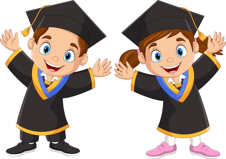 Vettore bambini felici del fumetto in costumi di laurea