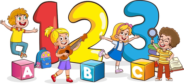 Vettore bambini felici della scuola di cartoni animati, bambini felici che studiano e imparano