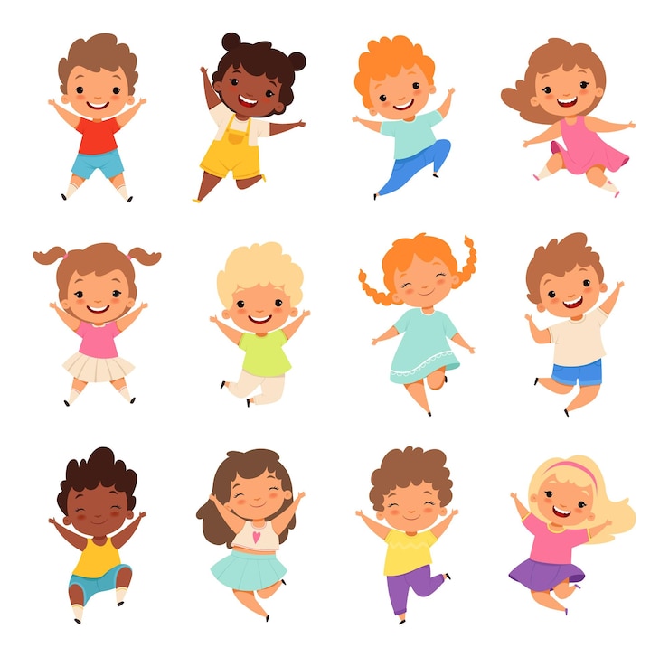 Vettore bambini felici e divertenti bambini carini e eccitati bambini vettori isolati amici atteggiamenti diversi bambini energetici dei cartoni animati