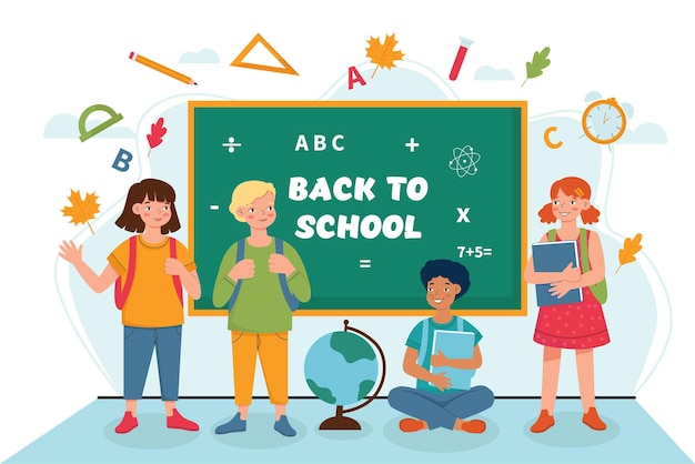 Bambini felici in classe con la lavagna torna al concetto di scuola simpatici personaggi