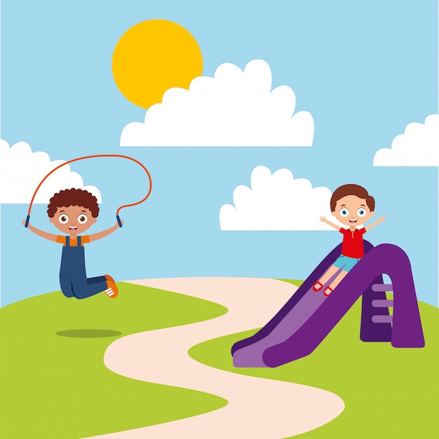 bambini felici svegli che giocano a scivolo parco giochi di corda per saltare