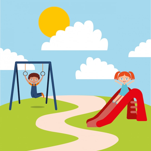 bambini felici svegli che giocano a scivolo parco giochi di corda per saltare