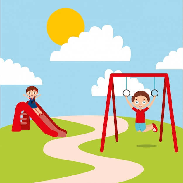 bambini felici svegli che giocano a scivolo parco giochi di corda per saltare