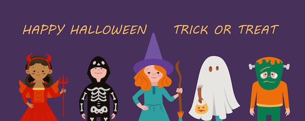 Bambini in costumi di Halloween Set per bambini di carnevale divertenti e carini Illustrazione vettoriale