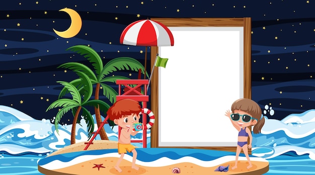 Bambini in vacanza sulla scena notturna della spiaggia con un modello di banner vuoto