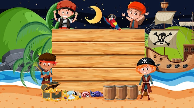 Bambini pirata sulla scena notturna della spiaggia con un modello di banner in legno vuoto