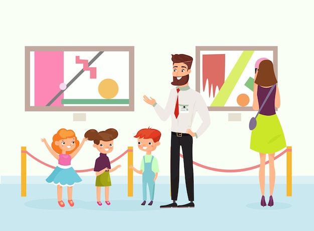 bambini simpatici cartoni animati nella galleria d'arte, guardando le immagini, guida all'ascolto nel museo d'arte. La gente ammira la galleria di dipinti. Stile piatto.