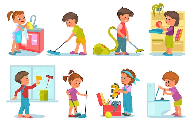 Bambini sorridenti che puliscono la casa Bambini piccoli lavano e aspirano i pavimenti Ragazza con scopa e scopa Bambino che piega giocattoli e libri Facoltà domestiche Attività di casalinga Splendido set vettoriale