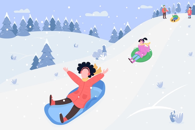 Bambini su slitte semi piatta illustrazione